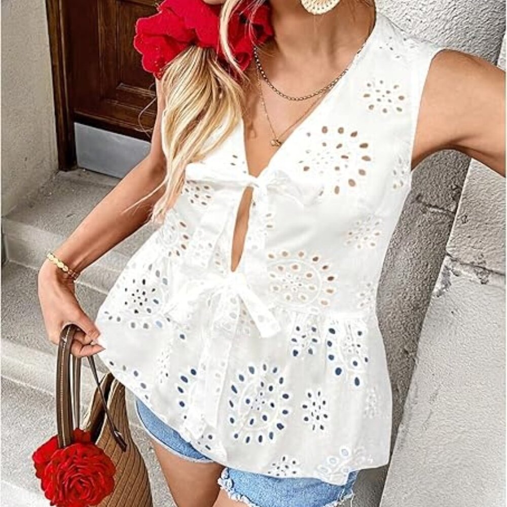 Women's Bow Tie Front Blouse Eyelet Embroidery V Neck Shirt Ruffle Hem Sleeveles